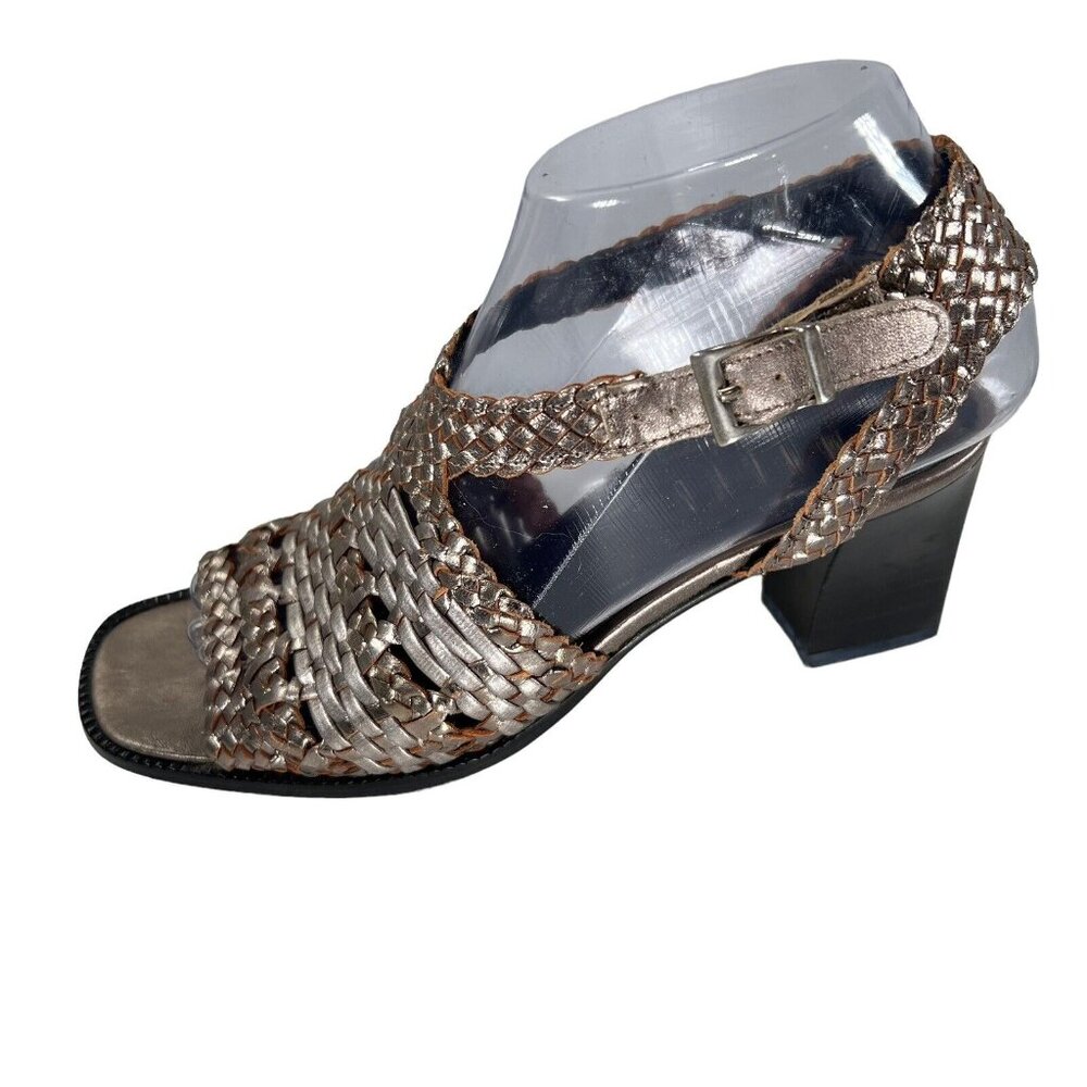 Amalfi Metallic Woven Leather Sandals Block Heel Italy Sz 7 B Strappy Open Toe - Picture 7 of 13